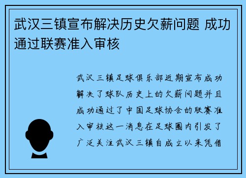 武汉三镇宣布解决历史欠薪问题 成功通过联赛准入审核 武汉三镇宣布解决历史欠薪问题 成功通过联赛准入审核